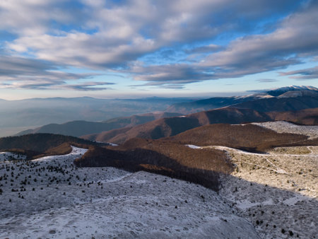 Morning aerial view of snow covered Balkan Mountains in Beklemeto pass region.の写真素材