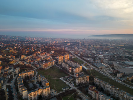 aerial top view of the beautiful city of Varna at sunset, Bulgariaの写真素材