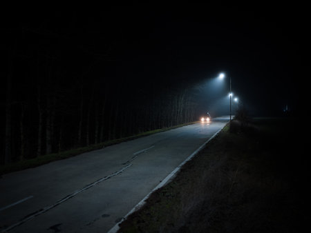 A trip on a rural forest road in a fog at night, flying drone photo
