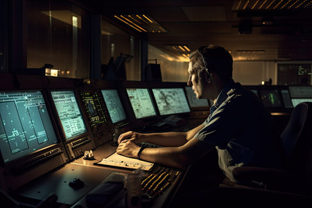 Airport traffic controllers at work, they are responsible for directing aircraft on the ground and in the air to ensure safe and efficient movement. Generative AIの素材