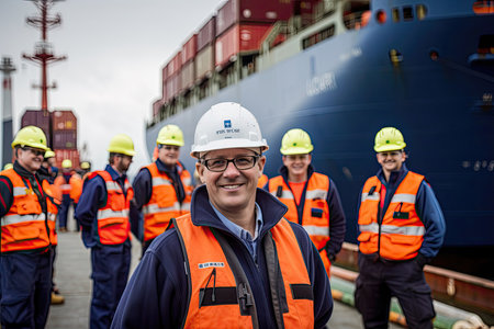 This photo showcases several men in overalls and helmets standing in front of a large container ship in a port. Genetrative AIの素材