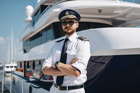 captain standing proudly in front of a luxurious yacht, highlighting the glamorous and high-end lifestyle associated with yachting. Generative AIの素材