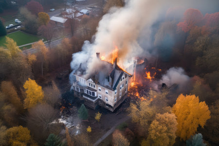 aerial view of a house engulfed in flames, showcasing the magnitude of the fire and the extent of the damage. Generative AIの素材