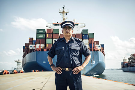 captain of a large container ship, standing in front of the impressive vessel as it looms behind him. Generative AIの素材