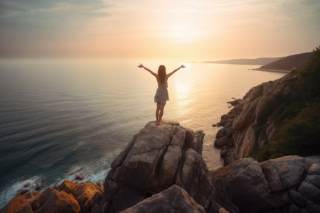 young woman standing on a seaside rock cliff edge with her arms outstretched, symbolizing freedom. Generative AIの素材