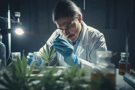researcher researching medical marijuana in laboratory, marijuana plants around, marijuana leaf on a foreground. Generative AIの素材