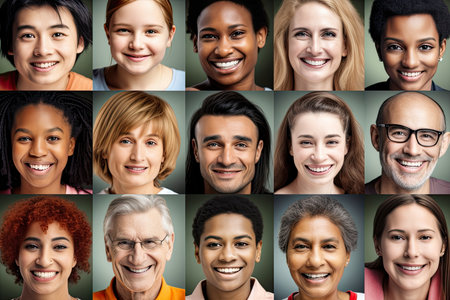 Mosaic of cheerful multiracial people portraits different ages, collage. Generative AIの素材