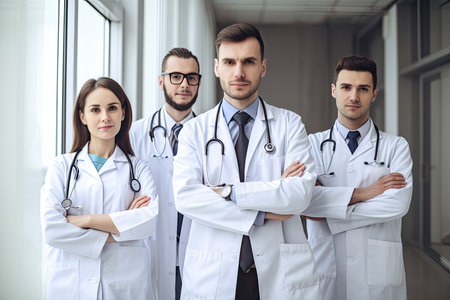 A group of doctors is captured in a candid meeting within a modern clinic setting. Generative AIの素材