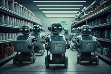 robots in a futuristic supermarket, with robotic arms stocking shelves and a humanoid robot assisting customers at a checkout counter. The scene is brightly lit and futuristic in design, with a clean and minimalist aesthetic. Generative AIの素材