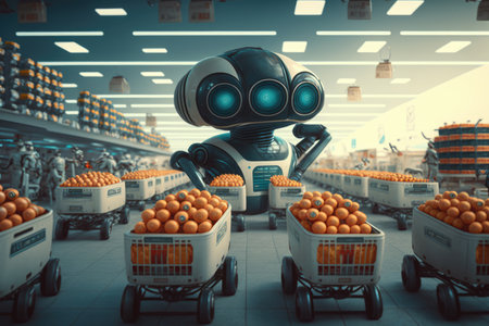 robots in a futuristic supermarket, with robotic arms stocking shelves and a humanoid robot assisting customers at a checkout counter. The scene is brightly lit and futuristic in design, with a clean and minimalist aesthetic. Generative AIの素材