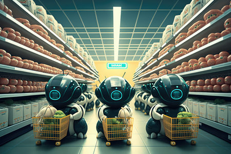 robots in a futuristic supermarket, with robotic arms stocking shelves and a humanoid robot assisting customers at a checkout counter. Generative AIの素材