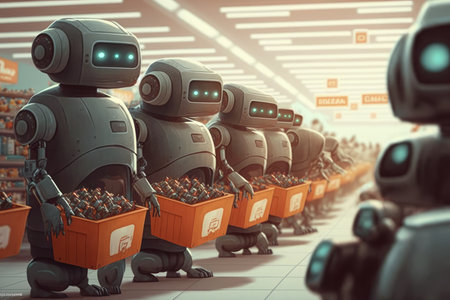 robots in a futuristic supermarket, with robotic arms stocking shelves and a humanoid robot assisting customers at a checkout counter. Generative AIの素材