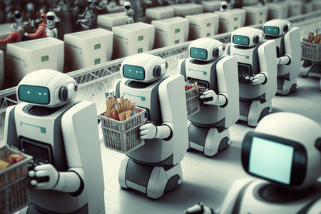 robots in a futuristic supermarket, with robotic arms stocking shelves and a humanoid robot assisting customers at a checkout counter. Generative AIの素材