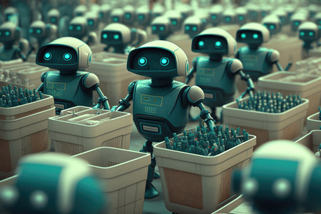 robots in a futuristic supermarket, with robotic arms stocking shelves and a humanoid robot assisting customers at a checkout counter. Generative AIの素材