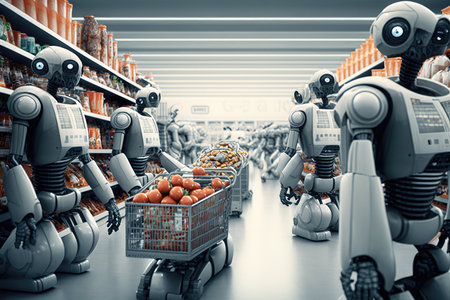 robots in a futuristic supermarket, with robotic arms stocking shelves and a humanoid robot assisting customers at a checkout counter. Generative AIの素材
