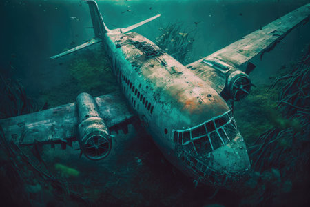 sunken transport airplane, with its wreckage lying on the ocean floor. Generative AIの素材