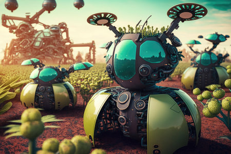 vegetable field with robots in action, efficiently tending to the crops. Generative AIの素材