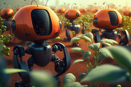 vegetable field with robots in action, efficiently tending to the crops. Generative AIの素材