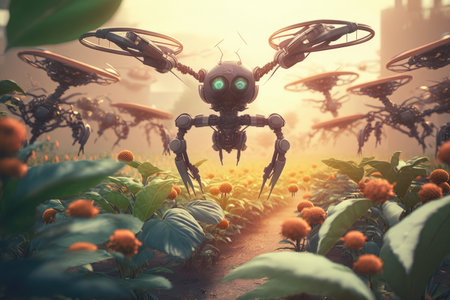 vegetable field with robots in action, efficiently tending to the crops. Generative AIの素材