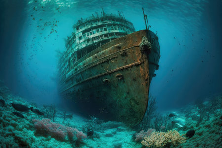 sunken ship, resting on the seafloor amidst a backdrop of blue water and marine life. Generative AIの素材