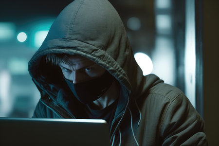 hacker in a hoodie with a laptop, possibly engaged in cybercrime or digital espionage. AI generative.の素材