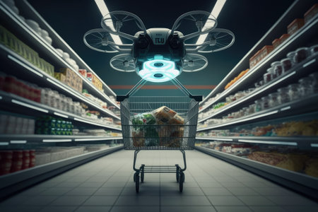 drone transports a basket of groceries in a futuristic supermarket. Generative AIの素材