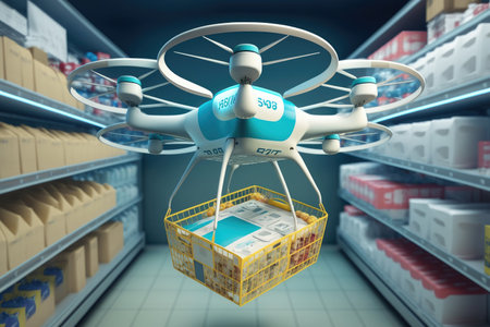 drone transports a basket of groceries in a futuristic supermarket. Generative AIの素材