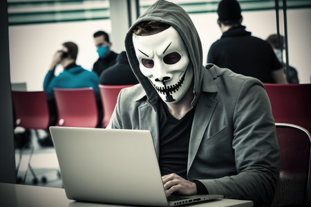 hacker in a hoody and a scary Joker mask, sitting in an office environment with a laptop. Generative AIの素材