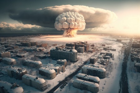 apocalyptic world after a catastrophic nuclear explosion. Nuclear winter concept. Generative AIの素材
