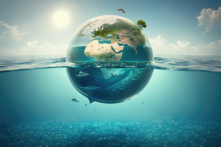 planet Earth floating in the ocean as a result of global warming. Generative AIの素材