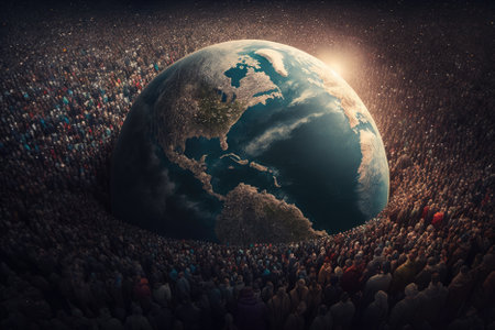 bleak reality of Earths overpopulation with crowded cities, polluted skies, and lack of resources. A warning of the urgent need for sustainable living. Generative AIの素材