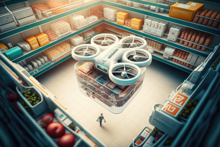 drone transports a basket of groceries in a futuristic supermarket. Generative AIの素材