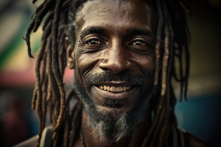 beaming 45-year-old Jamaican man with long dreadlocks, radiating positivity and happiness. Generative AIの素材