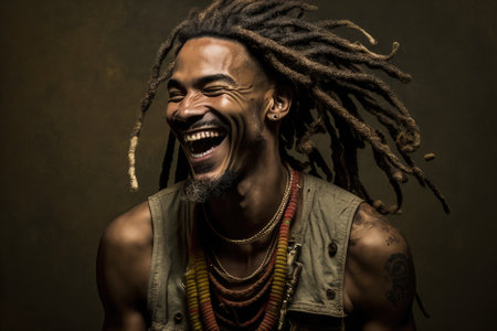 beaming 45-year-old Jamaican man with long dreadlocks, radiating positivity and happiness. Generative AIの素材