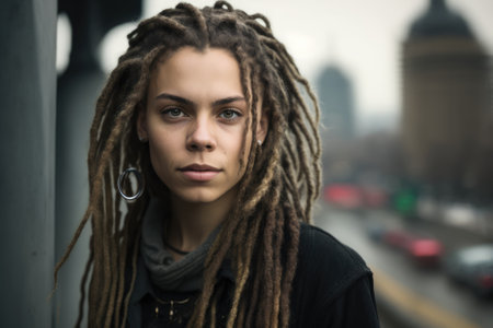 young woman with beautiful dreadlocks in the city. Generative AIの素材