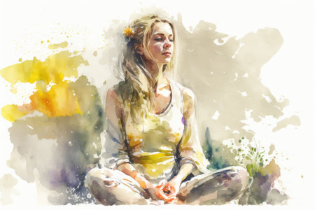 watercolor-style image depicts a serene young woman in a meditation pose, surrounded by nature-inspired elements, with soft colors and brushstrokes. Generative AIの素材