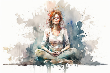 watercolor-style image depicts a serene young woman in a meditation pose, surrounded by nature-inspired elements, with soft colors and brushstrokes. Generative AIの素材