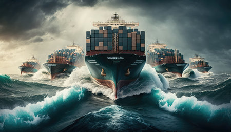 several container ships in the vast ocean, illustrating the concept of global shipping and transportation. Generative AIの写真素材