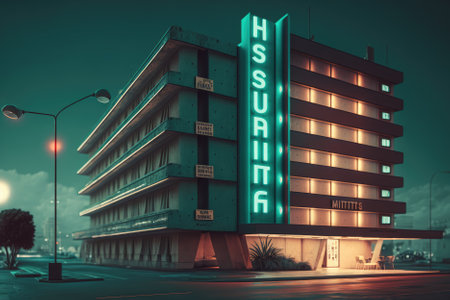 futuristic modern hotel, showcasing sleek and innovative design, with state-of-the-art technology and amenities. Generative AIの素材