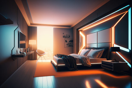 sleek and modern hotel room with smart technology, minimalistic decor, and a comfortable bed. Generative AIの素材