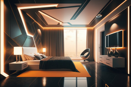 sleek and modern hotel room with smart technology, minimalistic decor, and a comfortable bed. Generative AIの素材