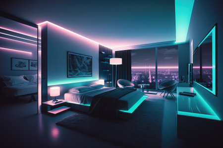 sleek and modern hotel room with smart technology, minimalistic decor, and a comfortable bed. Generative AIの素材