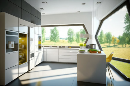 futuristic, modern kitchen with smart technology and ample natural light coming in through big windows on a sunny summer day. Generative AIの素材