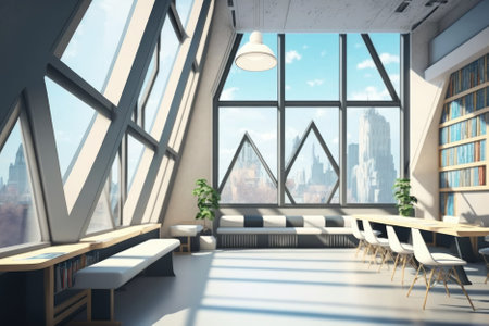 modern and futuristic school interior with big windows on a summer day, designed to enhance the learning experience. Generative AIの素材
