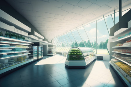 modern smart supermarket with a futuristic design, featuring large windows and a bright summer day. Generative AIの素材