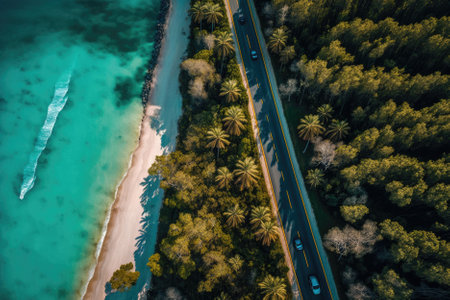 aerial view of a highway with a red car driving along the coast, passing by a wide beach, green forests, and the sparkling ocean under a sunny sky. Generative AIの素材