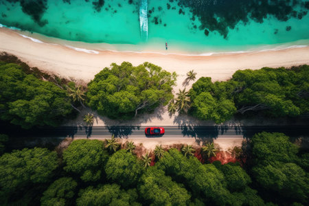 aerial view of a highway with a red car driving along the coast, passing by a wide beach, green forests, and the sparkling ocean under a sunny sky. Generative AIの素材