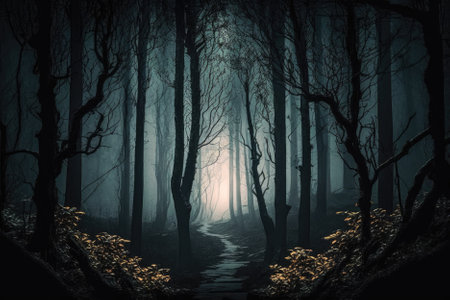 dark and mysterious forest with towering trees, a misty atmosphere, and a sense of foreboding. AI Generativeの素材