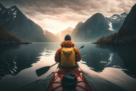 man kayaking through a calm river surrounded by lush green forests and mountains in the distance. AI Generativeの素材