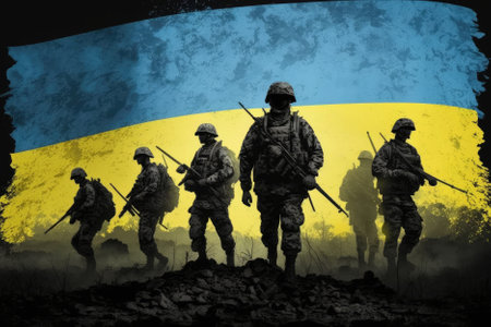 Ukrainian soldiers against Ukraine flag background, showcasing national pride and military strength. AI Generativeの素材